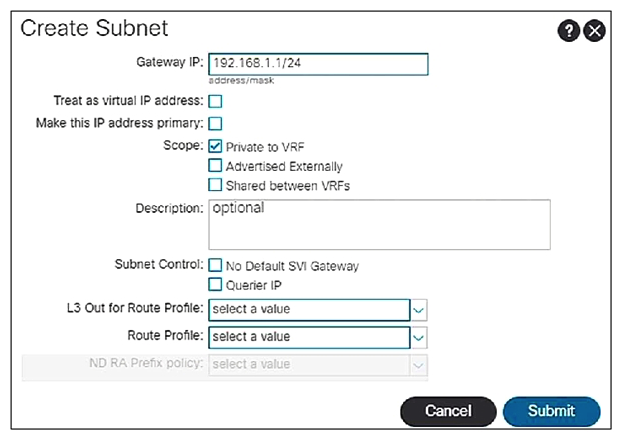   When the subnet is configured on a bridge domain, on which physical devices is the gateway IP address configured? A)  all leaf switches and all spine nodes B)  only spine switches where the bridge domain of the tenant is present C)  only leaf switches where the bridge domain of the tenant is present D)  all border leaf nodes where the bridge domain of the tenant is present