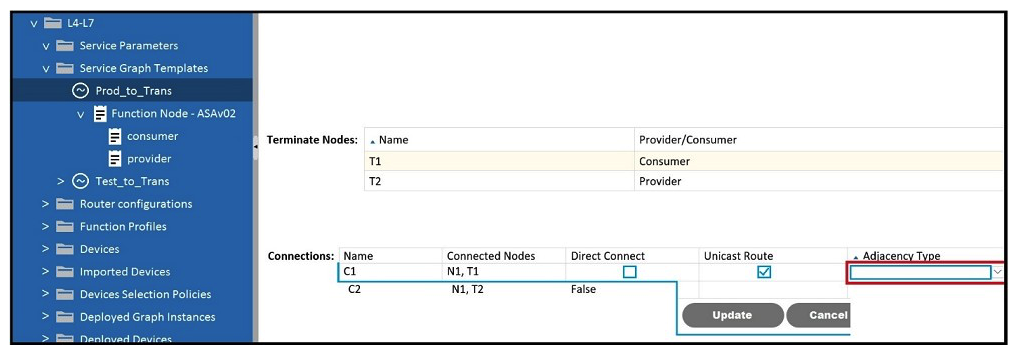   Refer to the exhibit. Which Adjacency Type value should be set when the client endpoint and the service node interface are in a different subnet? A)  Routed B)  Unicast C)  L3Out D)  L3