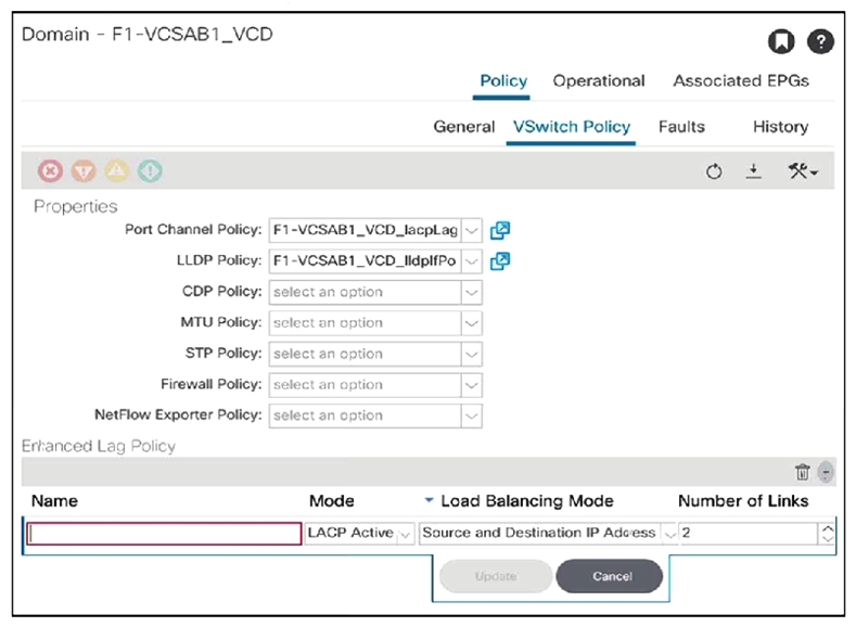   Refer to the exhibit. An engineer configures the Cisco ACI fabric for VMM integration with ESXi servers that are to be connected to the ACI leaves. The server team requires the network switches to initiate the LACP negotiation as opposed to the servers. The LAG group consists of two 10 Gigabit Ethernet links. The server learn also wants to evenly distribute traffic across all available links. Which two enhanced LAG policies meet these requirements? (Choose two.)  A)  LACP Mode: LACP Standby B)  LB Mode: Destination IP Address and TCP/UDP Port C)  LB Mode: Source and Destination MAC Address D)  LB Mode: Source IP Address and TCP/UDP Port E)  LACP Mode: LACP Active