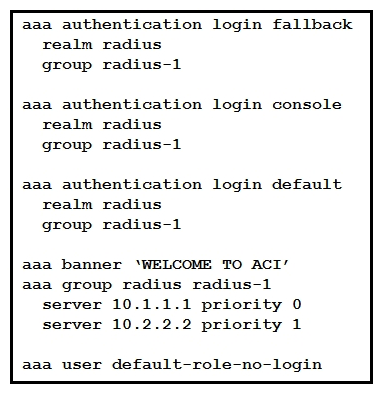 <strong> Refer to the exhibit. Which action should be taken to ensure authentication if the RADIUS servers are unavailable?</strong> A) Adjust the priority of server 10.1.1.1 to 1. B) Assign the user to the default role. C) Set the default login realm to LDAP. D) Set the fallback login to local.