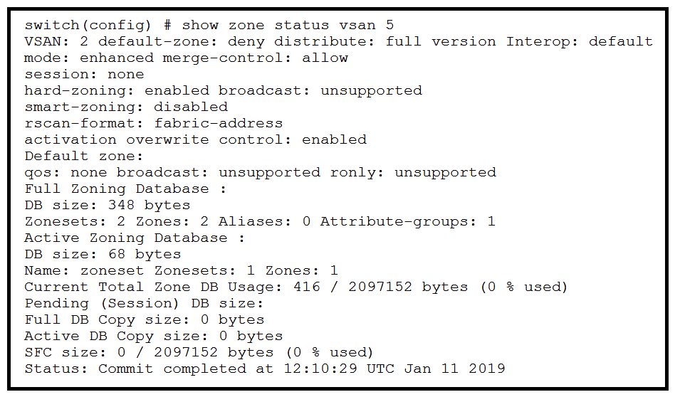 Refer to the exhibit.   Device alias information must be merged for two fabrics. Which setting must match on both fabrics before the merge can be performed successfully? A)  device-alias mode B)  session C)  qos D)  smart-zoning