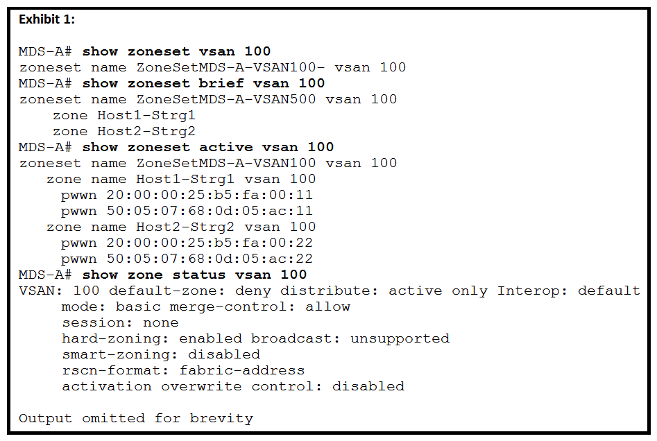 Refer to the exhibits.     A storage network engineer activates a zoneset on MDS-A and verifies the successful activation ( Exhibit 1 ) . The engineer is then notified that there is a SAN outage ( Exhibit 2 )  What is the cause of the outage? A)  Another network engineer activated zoneset ZoneSetMDS-B-VSAN100 on MDS-A. B)  Another network engineer issued the zone mode enhanced vsan 100 command on another switch in the fabric. Another network engineer issued the zone mode enhanced vsan 100 command on another switch in the fabric. C)  Another network engineer activated the zoneset ZoneSetMDS-B-VSAN100 command on another switch in the fabric. Another network engineer activated the zoneset ZoneSetMDS-B-VSAN100 D)  Another network engineer issued the zone default-zone permit vsan 100 command on another switch in the fabric. zone default-zone permit vsan 100 command on another switch in the fabric.