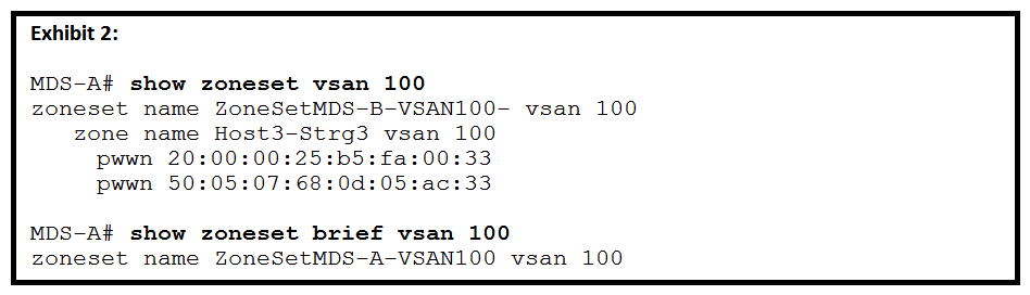 Refer to the exhibits.     A storage network engineer activates a zoneset on MDS-A and verifies the successful activation ( Exhibit 1 ) . The engineer is then notified that there is a SAN outage ( Exhibit 2 )  What is the cause of the outage? A)  Another network engineer activated zoneset ZoneSetMDS-B-VSAN100 on MDS-A. B)  Another network engineer issued the zone mode enhanced vsan 100 command on another switch in the fabric. Another network engineer issued the zone mode enhanced vsan 100 command on another switch in the fabric. C)  Another network engineer activated the zoneset ZoneSetMDS-B-VSAN100 command on another switch in the fabric. Another network engineer activated the zoneset ZoneSetMDS-B-VSAN100 D)  Another network engineer issued the zone default-zone permit vsan 100 command on another switch in the fabric. zone default-zone permit vsan 100 command on another switch in the fabric.