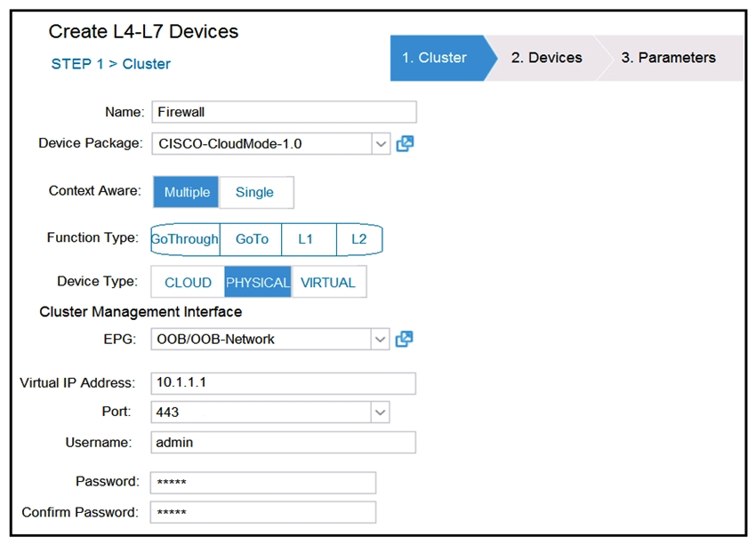   Refer to the exhibit. A network engineer configures a Layer 4 to Layer 7 device for an outside routed firewall that is connected to POD-1 inside a Cisco ACI fabric that consists of two pods. All traffic from POD-1 or POD-2 that uses the L3Out should pass through the routed firewall. Which Function Type must be implemented in the service graph for POD-2 to use L3Out? A)  GoThrough B)  L1 C)  GoTo D)  L2