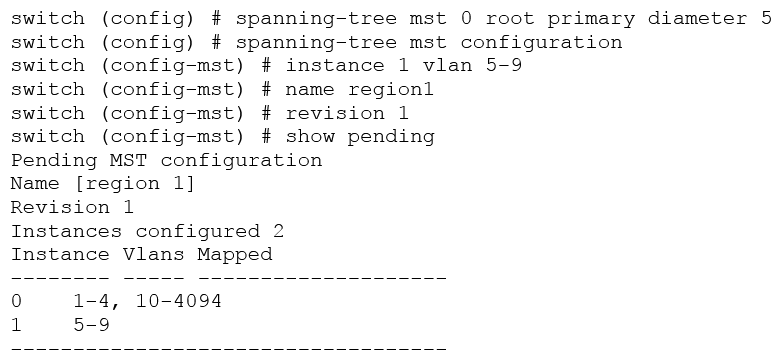   Refer to the exhibit. What does the diameter command specify? A)  the maximum number of hops between any two bridges on a network B)  the number of VLANs that were removed from the MSTI C)  the VLAN that becomes the root of the MSTI D)  the maximum number of hops between any two MST instances on a network
