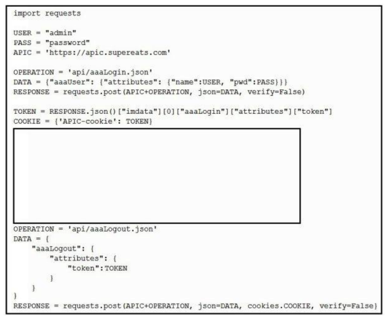   Which Python snippets create an application policy named OrderProcess that contains two application endpoint groups under Tenant SuperEats using direct calls to the ACI REST API? Assume that authentication and library imports are correct. A)    B)    C)    D)   