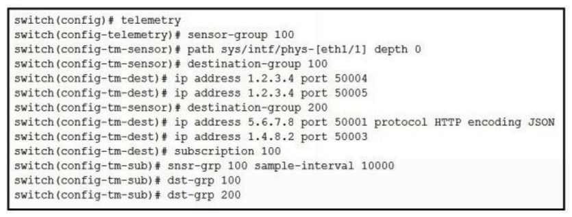 Refer to the exhibit.   Where and how often does the subscription stream data for Ethernet port 1/1? A)  to four different destinations every 10000 microseconds B)  to four different destinations every 100 milliseconds C)  to four different destinations every 10 seconds D)  to four different destinations every 10000 seconds