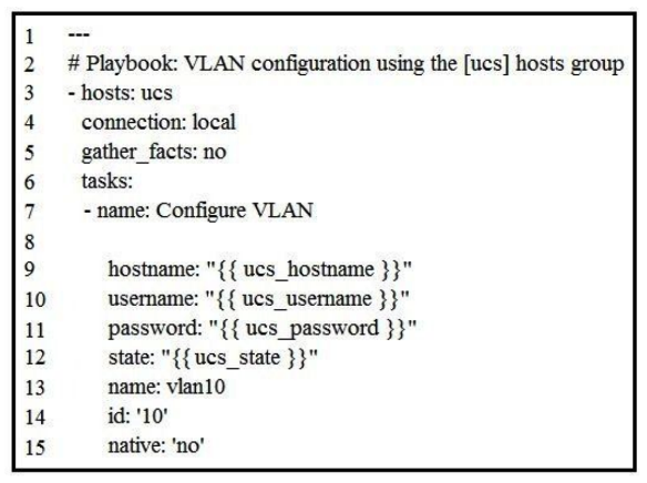 Refer to the exhibit.   Which Ansible module is needed in line 8 to create a new VLAN 10 on the hosts defined in the  ucs  group? A)  vlan B)  ucs_vlans C)  vlans D)  nxos_vlans