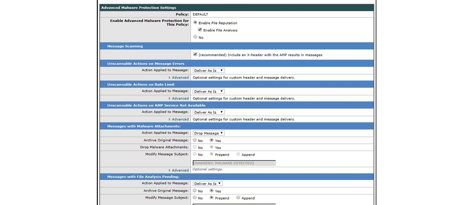   Refer to the exhibit. How should this configuration be modified to stop delivering Zero Day malware attacks? A)  Change Unscannable Action from Deliver As Is to Quarantine. B)  Change File Analysis Pending action from Deliver As Is to Quarantine. C)  Configure mailbox auto-remediation. D)  Apply Prepend on Modify Message Subject under Malware Attachments.