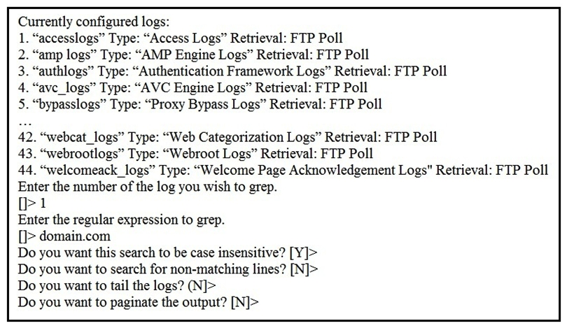  Refer to the exhibit. Which command displays this output? A)  grep B)  logconfig C)  rollovernow D)  tail
