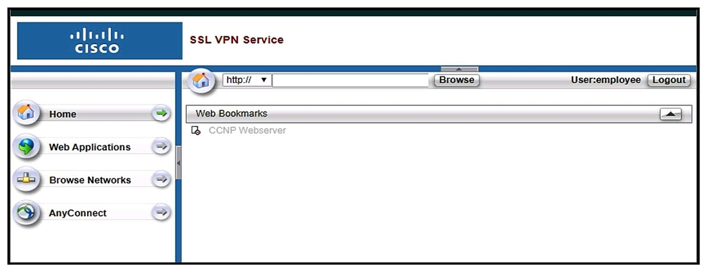   Refer to the exhibit. Based on the exhibit, why are users unable to access CCNP Webserver bookmark? A)  The URL is being blocked by a WebACL. B)  The ASA cannot resolve the URL. C)  The bookmark has been disabled. D)  The user cannot access the URL.
