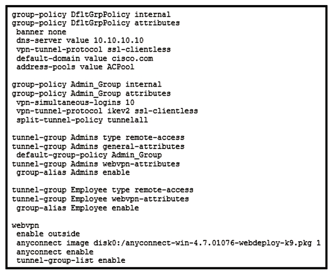   Refer to the exhibit. Which VPN technology is allowed for users connecting to the Employee tunnel group? A)  SSL AnyConnect B)  IKEv2 AnyConnect C)  crypto map D)  clientless