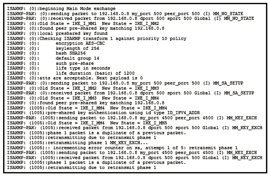   Refer to the exhibit. A site-to-site tunnel between two sites is not coming up. Based on the debugs, what is the cause of this issue? A)  An authentication failure occurs on the remote peer. B)  A certificate fragmentation issue occurs between both sides. C)  UDP 4500 traffic from the peer does not reach the router. D)  An authentication failure occurs on the router.