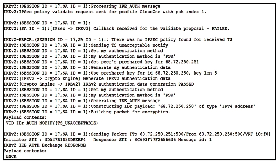   Refer to the exhibit. Based on the debug output, which type of mismatch is preventing the VPN from coming up? A)  interesting traffic B)  lifetime C)  preshared key D)  PFS