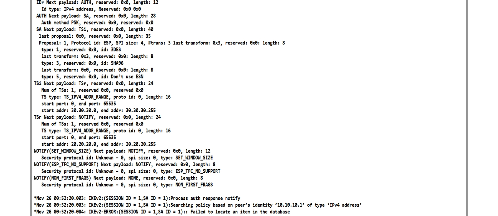   Refer to the exhibit. The IKEv2 site-to-site VPN tunnel between two routers is down. Based on the debug output, which type of mismatch is the problem? A)  preshared key B)  peer identity C)  transform set D)  ikev2 proposal