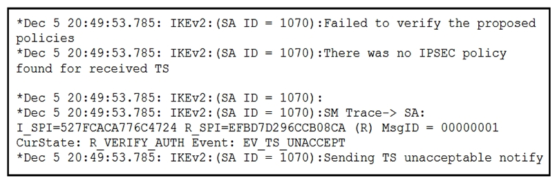 <strong> Refer to the exhibit. An IKEv2 site-to-site tunnel between an ASA and a remote peer is not building successfully. What will fix the problem based on the debug output?</strong> A) Ensure crypto IPsec policy matches on both VPN devices. B) Install the correct certificate to validate the peer. C) Correct crypto access list on both VPN devices. D) Specify the peer IP address in the tunnel group name.