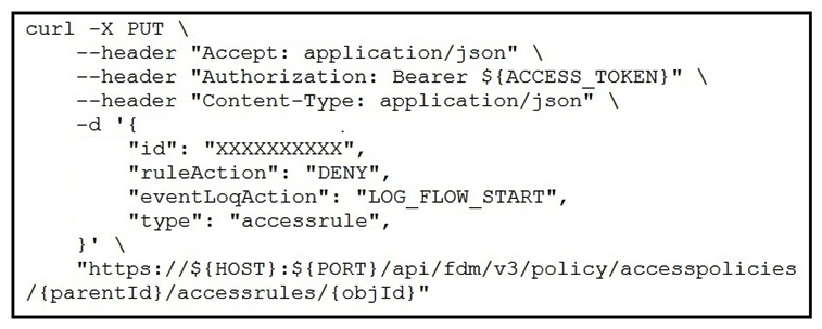   Refer to the exhibit. The security administrator must temporarily disallow traffic that goes to a production web server using the Cisco FDM REST API. The administrator sends an API query as shown in the exhibit. What is the outcome of that action? A)  The given code does not execute because the mandatory parameters, source, destination, and services are missing. B)  The given code does not execute because it uses the HTTP method  PUT . It should use the HTTP method  POST . C)  The appropriate rule is updated with the source, destination, services, and other fields set to  Any  and the action set to  DENY . Traffic to the production web server is disallowed, as expected. D)  A new rule is created with the source, destination, services, and other fields set to  Any  and the action set to  DENY . Traffic to the production web server is disallowed, as expected.