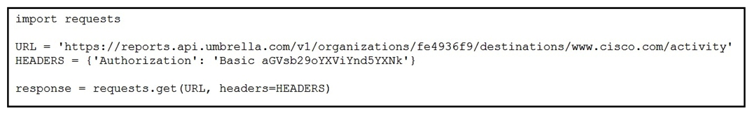   Refer to the exhibit. The script outputs too many results when it is queried against the Cisco Umbrella Reporting API. Which two configurations restrict the returned result to only 10 entries? (Choose two.)  A)  Add params parameter in the get and assign in the { return :  10 } value. Add params parameter in the get and assign in the { return :  10 } value. B)  Add ?limit=10 to the end of the URL string. Add ?limit=10 to the end of the URL string. C)  Add params parameter in the get and assign in the { limit :  10 } value. { limit :  10 } D)  Add ?find=10 to the end of the URL string. ?find=10 E)  Add ?return=10 to the end of the URL string. ?return=10