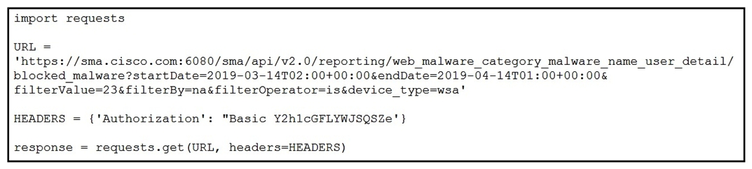   Refer to the exhibit. What must be present in a Cisco Web Security Appliance before the script is run? A)  reporting group with the name web_malware_category_malware_name_user_detail B)  data for specified dates C)  reporting group with the name blocked_malware D)  data in the queried category