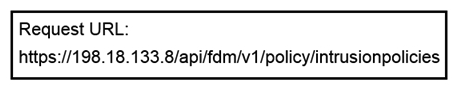   Refer to the exhibit. What is the purpose of the API represented by this URL? A)  Getting or setting intrusion policies in FMC B)  Creating an intrusion policy in FDM C)  Updating access policies D)  Getting the list of intrusion policies configured in FDM