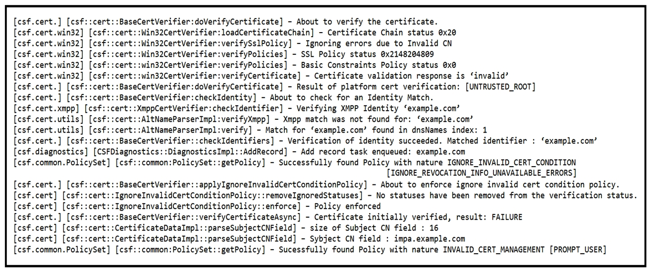 Refer to the exhibit.   Users report that they are prompted to accept server certificates when they initially run Cisco Jabber. An engineer removes these prompts to prevent confusion. Which statement about this scenario is true? A)  Presentation of the certificates can be disabled by setting up Cisco IM&P servers into nonsecure mode. B)  Nothing can be done to resolve this issue because certificates must be accepted by each Jabber user, per Cisco policy. C)  These certificates are self-signed certificates, so they must be added manually to the user OS certificate stores. D)  The behavior is a security breach because certificates are considered untrusted and as not coming from Cisco Collaboration servers.