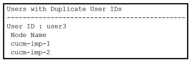 Refer to the exhibit.   Which two steps resolve the  Users with Duplicate User IDs  message? (Choose two.)  A)  Rename the directory URI value for one of the users to ensure that there is no duplication. B)  Rename the User ID value for one user if different users on different clusters have the same User ID assigned. C)  Unassign a user from one of the clusters when the same user is assigned to two different clusters. D)  Assign the duplicate user to the secondary Cisco IM and Presence node. E)  Delete the user ID for the duplicate user ID.