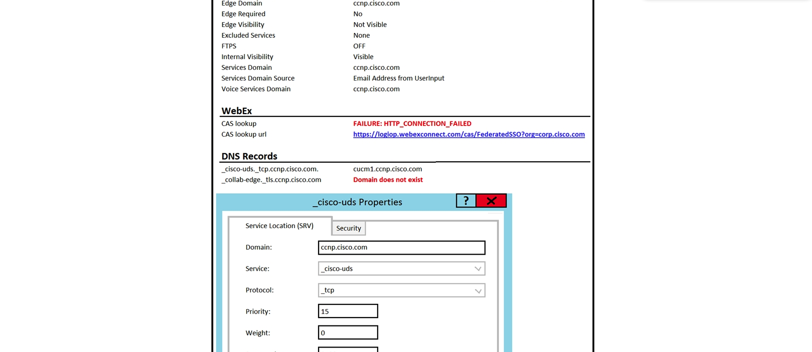 Refer to the exhibit.   Users connected to the internal network report a  Cannot communicate with the server  error while trying to log in to Cisco Jabber using auto service discovery. The Jabber diagnostics and the SRV record configuration are as shown in the exhibit. The host cucm1.ccnp.cisco.com is correctly resolved by the user desktops with the Cisco Unified Communications Manager IP address. Why is the user not able to log in? A)  SRV protocol is not set up correctly. It should be _tls instead of _tcp. B)  Marking weight as 0 on the SRV record makes it inactive, so Jabber cannot discover the Cisco Unified CM. C)  The port specified on the SRV record is wrong. D)  The domain ccnp.cisco.com does not exist on the DNS server.
