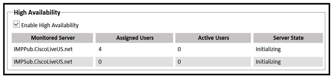 Refer to the exhibit.   After configuration of the Cisco IM and Presence cluster in high-availability mode, both IM and Presence servers remain in the initializing state. Which two actions ensure normal operations of this IM and Presence high-availability cluster? (Choose two.)  A)  Clear the Enable High Availability check box in the Presence Redundancy Group configuration on both IM and Presence servers. B)  Confirm that Cisco Presence Engine, Cisco XCP Router, and Cisco DB services are up and running on both IM and Presence servers. C)  Restart the Server Recovery Manager service in Cisco Unified Serviceability - Network Services on both IM and Presence servers. D)  Verify that the Cisco XCP SIP Federation Connection Manager service is running on both IM and Presence servers. E)  Ensure that an equal number of users are assigned to each IM and Presence server.