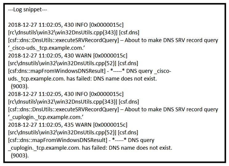 Refer to the exhibit.   Troubleshooting an internal Jabber login issue and you see this logging snippet from the Jabber PRT file. You already checked that the Jabber client has a connection to the correct DNS server. Which DNS record is missing for service discovery of Cisco Unified Communications Manager for the login process to proceed further? A)  A record _cisco-uds._tcp.example.com B)  SRV record _cisco-uds._tcp.example.com C)  A record _cuplogin._tcp.example.com D)  SRV record _cuplogin._tcp.example.com
