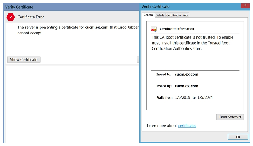 Refer to the exhibit.   When troubleshooting an internal Jabber login problem, there is a pop-up about a certificate error, and then the login fails. The FQDN of Cisco UCM is cucm.ex.com, and the FQDN of the IM and Presence Server is imp.ex.com. Which two actions should be taken to fix this issue? (Choose two.)  A)  Sign the Cisco UCM CallManager certificate with a trusted certificate authority. B)  Import the Cisco UCM CallManager certificate into the Trusted Certificate Authorities on the PC running Jabber. C)  Sign the Cisco UCM tomcat certificate with a trusted certificate authority. D)  Sign the Cisco Unified IM and Presence server cup certificate with a trusted certificate authority. E)  Import the certificate of cucm.ex.com into the Trusted Certificate Authorities on the PC running Jabber.