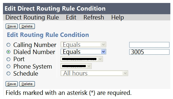 Refer to the exhibit.   The associated directory number is configured with Call Forward All to voicemail in Cisco UCM. When users call the directory number, they hear the opening greeting. Which action should be taken to correct this issue? A)  Modify the Calling Number to 3005. B)  Modify the Call Forward All to the voicemail pilot. C)  Modify the Dialed Number condition from  Equals  to  In . D)  Modify the rule to a Forward Routing Rule.