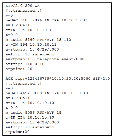   Refer to the exhibit. Users report that when they dial to Cisco Unity Connection from an external network, they cannot enter any digits. Assuming only in-band DTMF is supported, what is a reason for this malfunction? A)  The negotiated RTP port is outside of the range described by RFC, so inband DTMFs do not work. B)  There is SIP Delayed Offer. DTMF is supported only in Early Offer. C)  The rtpmap:0 value for the negotiated codec is marking DTMF as inactive. D)  No DTMF is negotiated.
