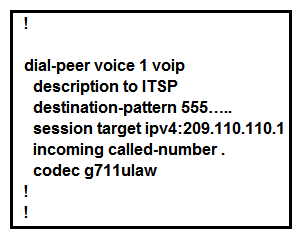   Refer to the exhibit. An engineer configures Cisco Unified Border Element to connect the enterprise VoIP network with a SIP telephony provider. Calls are not working in either direction. What must be configured in the dial peer 1 to fix the issue? A)  answer-address 555 …….. B)  codec G.729 C)  session-protocol sipv2 D)  incoming called number 555…….