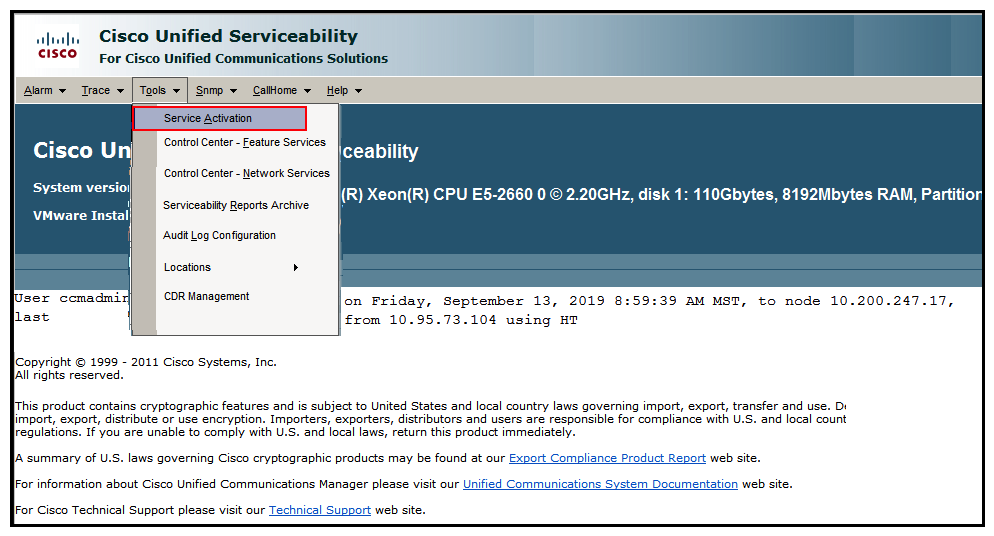   Refer to the exhibit. An administrator is troubleshooting a situation where a call placed from a phone registered to Cisco UCM does not complete. The administrator wants to use the Dialed Number Analyzer on Cisco UCM to check which translation pattern the call is matching. However, when logging in to Cisco Unified Serviceability, there is no option for Dialed Number Analyzer under the tool menu. Which two steps should be taken to resolve this issue? (Choose two.)  A)  Restart the subscriber. B)  Activate the Cisco Extended Functions service. C)  Activate the Cisco CallManager service. D)  Activate the Cisco Dialed Number Analyzer service. E)  Activate the Cisco Dialed Number Analyzer Server service.