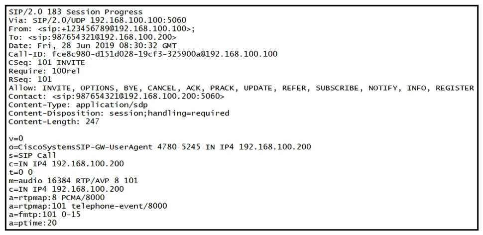   Refer to the exhibit. While troubleshooting call failures on the Cisco Unified Border Element, an administrator notices that messages are being sent to the service provide, but there is no response. The administrator later learns that this SIP provider does not support PRACK. Which header should be removed from the SIP message to resolve this issue? A)  Require: 100rel B)  Content-Type: application/sdp C)  Contact: <sip:987654321@192.168.100.200:5060> D)  Content-Disposition: session;handling=required