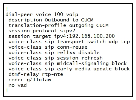   Refer to the exhibit. An engineer is troubleshooting an issue where inbound calls to Cisco UCM with early media fail to establish. While investigating the issue, the engineer finds that Cisco UCM is set to require a PRACK, but the Cisco Unified Border Element is not sending it. Which command is causing this issue? A)  voice-class midcall-signaling block B)  voice-class sip rel1xx disable C)  voice-class sip early-media update block D)  voice-class sip conn-reuse