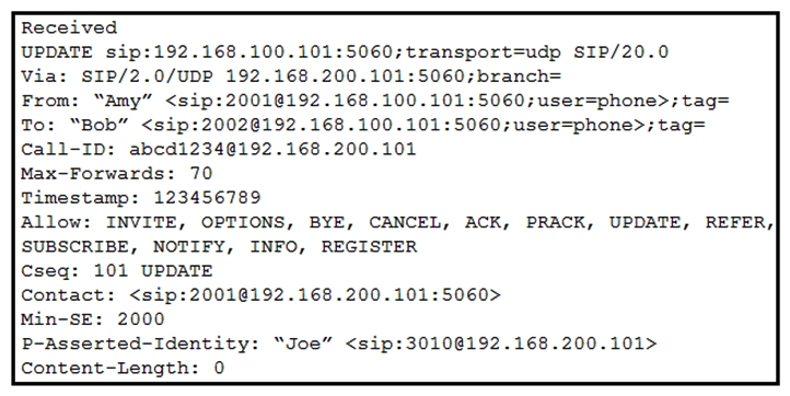   Refer to the exhibit. An engineer is troubleshooting an issue where inbound calls are failing after they are transferred. The provider reports that UPDATE is not supported, and this is causing the calls to fail. Which command should resolve this issue? A)  no midcall-signaling passthru B)  no update-callerid C)  no contact-passing D)  rel1xx require  100rel 