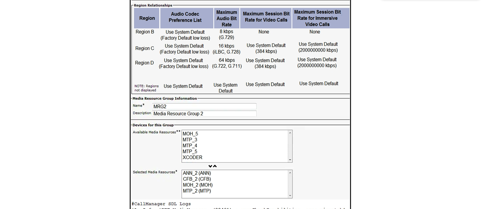   Refer to the exhibit. Regions have been configured for all major branches based on the available circuit bandwidth. Some calls from Region A endpoints to Region B endpoints are failing to connect. How is the issue resolved? A)  Update the calling search space for affected endpoints to none. B)  Update all regions to 8 kbps maximum audio bitrate. C)  Increase the number of available media termination points. D)  Add a media resource to transcode between available capabilities.