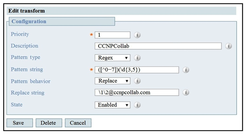   Refer to the exhibit. What is the result of a transformation applied to alias 88514? A)  98851@ccnpcollab.com B)  88513@ccnpcollab com C)  88514@ccnpcollab.com D)  88515@ccnpcollab.com