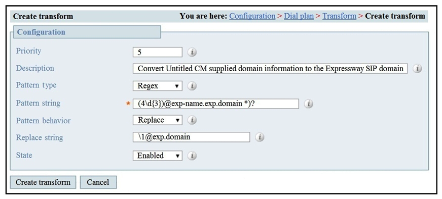   Refer to the exhibit. Which description of the transformation is true? A)  It converts 4123@exp-name.exp.domain:<port> to 4123@exp.domain B)  It changes all patterns that begin with 4123@exp-name.exp.domain:<port> to 1@exp.domain C)  It changes 413@exp-name.exp.domain:<port> to 413@exp.domain D)  It converts 4.3@exp-name.exp.domain:<port> to 1@exp.domain