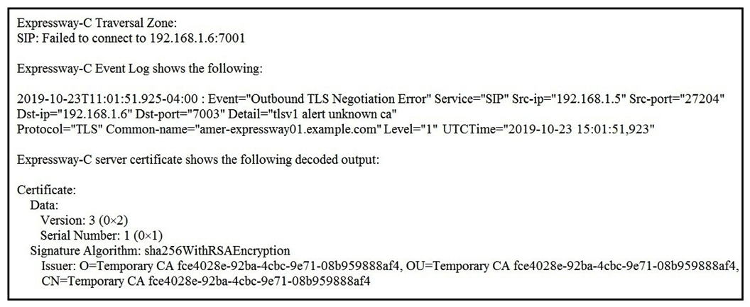   Refer to the exhibit. An Expressway-C and Expressway-E are configured for B2B calling and the Expressway-E zone is set to TLS Verify Currently, calls do not reach the Expressway-C. The Traversal Client zone on the Expressway-C for B2B reports the information in the exhibit for the Peer 1 address. Which action resolves this error? A)  Configure the Expressway-C Traversal Client zone Peer 1 address with the fully qualified domain name of the Expressway-E. B)  Configure the Expressway-C Traversal Client zone transport protocol with TCP. C)  Add a server certificate to the Expressway-C that is signed by a certificate authority. D)  Add an intermediate certificate to the Expressway-C that is signed by a certificate authority.