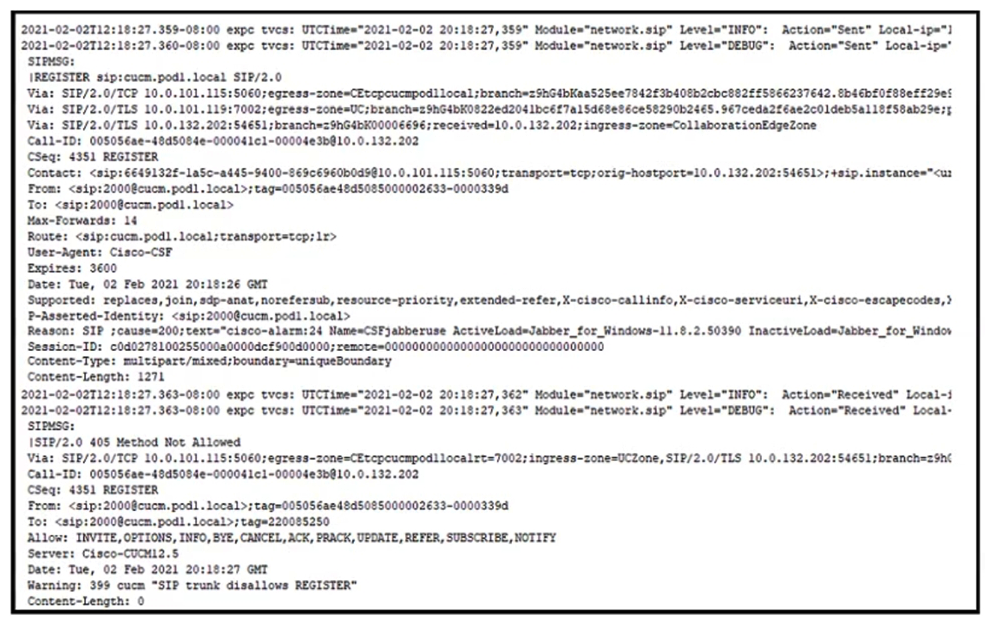   Refer to the exhibit. An engineer is deploying mobile and remote access in an environment that already had functioning Business to Business calling. Mobile and remote access SIP registrations are failing. To troubleshoot, SIP logs were collected. How is this issue resolved? A)  Change the SIP profile on the SIP trunk for the Expressway-E to Standard SIP Profile for TelePresence Endpoint B)  Change the  Incoming Port  in the SIP Trunk Security Profile for the Expressway-C to not match SIP line registrations C)  Enable autoregistration for the appropriate DN range on the Cisco UCM servers running the CallManager service D)  Write a custom normalization script since the  vcs-interop  normalization script does not allow registrations
