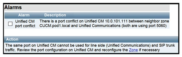   Refer to the exhibit. Mobile and remote access is being added to an existing B2B deployment and is failing. When the administrator looks at the alarms on the Expressway-C, the snippets are shown. Which configuration action should the administrator take to fix this issue? A)  The listening port on the Expressway-C for SIP TCP must be changed to a value other than 5060 B)  The listening port on the Expressway-C for SIP TLS must be changed to a value other than 5061 C)  The listening port on the Cisco UCM for the Expressway-C SIP trunk must be changed to something other than 5060 or 5061 D)  The listening port on the Cisco UCM for the Expressway-C SIP trunk is set to something other than 5060 or 5061. It must be set to 5060 for insecure and 5061 for secure SIP
