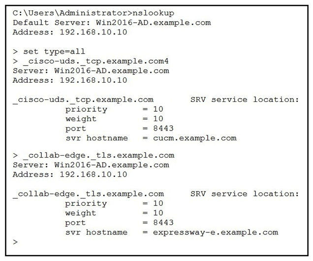   Refer to the exhibit. When a Jabber user attempts to connect from outside of the organization, the user enters the login information as  user@example.com  and receives the error  Cannot find your services Automatically . The engineer tries to resolve SRV records used by Jabber. DNS A record  expressway-e.example.com  points to the Expressway-E IP and  cucm.example.com  points to the Cisco Unified Communications Manager. Which change resolves the DNS problem? A)  Change cisco-uds to point to the Expressway-E FQDN. B)  Change the collab-edge record to point to 5061. C)  Remove the cisco-uds SRV record for the external DNS. D)  Change the priority of the SRV record for cisco-uds.