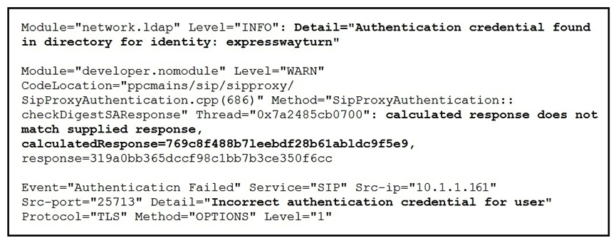   Refer to the exhibit. Mobile Cisco Jabber cannot register with on-premises Cisco Unified Communications Manager using Mobile and Remote Access. Some logs were captured on Expressway Edge. Which action corrects this problem? A)  Ensure that the peer address does not match the Common Name on certificate. B)  Ensure that the _cisco-uds SRV record has been configured. C)  Ensure that the credential has been entered correctly. D)  Ensure that the SIP domains are added on Expressway Core.
