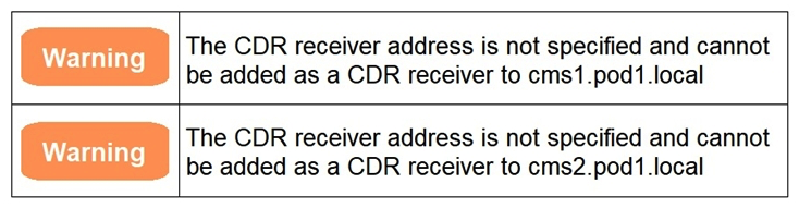   Refer to the exhibit. Which action resolves the Cisco Meeting Server warnings? A)  Add Cisco Meeting Server by both IPv6 and IPv4 addresses to have Cisco Meeting Management set itself as a receiver. B)  Configure the CDR receiver address in the Cisco Meeting Management settings. C)  Set the CDR receiver as an IP address and not as an FQDN. D)  Change the Cisco Meeting Server permissions in Cisco Meeting Management to allow Cisco Meeting Management to set itself as a receiver.