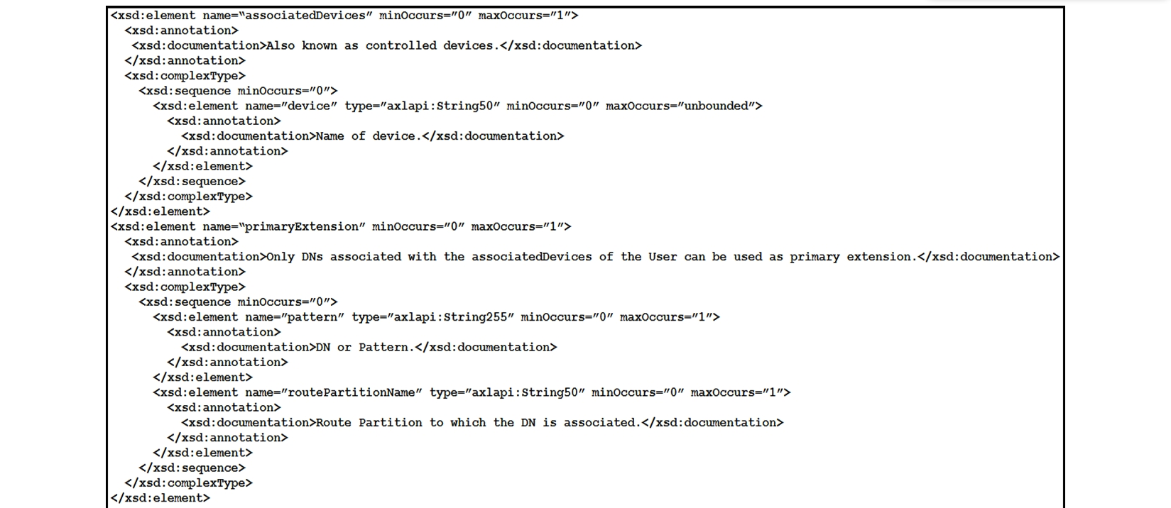   Refer to the exhibit. The exhibit shows the XML schema to associate a device for the AddUser operation in AXL. Which XML snippet is correct to associate a device with name  SEP151515151515 ? A)    B)    C)    D)   