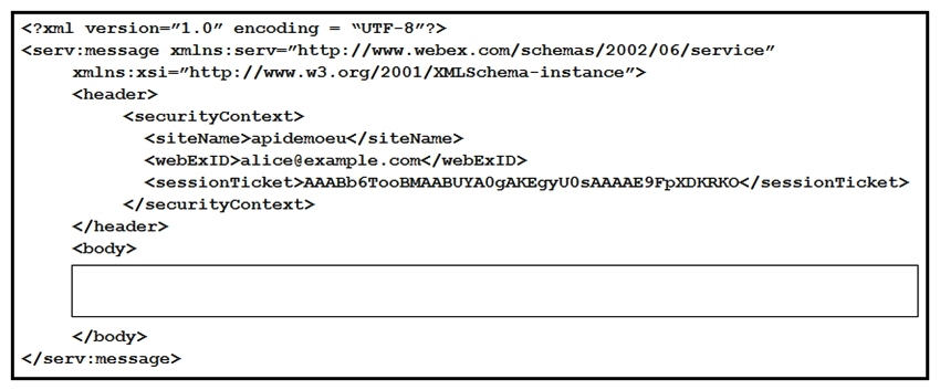   Refer to the exhibit. Alice is a Webex Meetings admin for her organization. Which code snippet completes a Webex Meetings XML API request that returns all users? A)    B)    C)    D)   