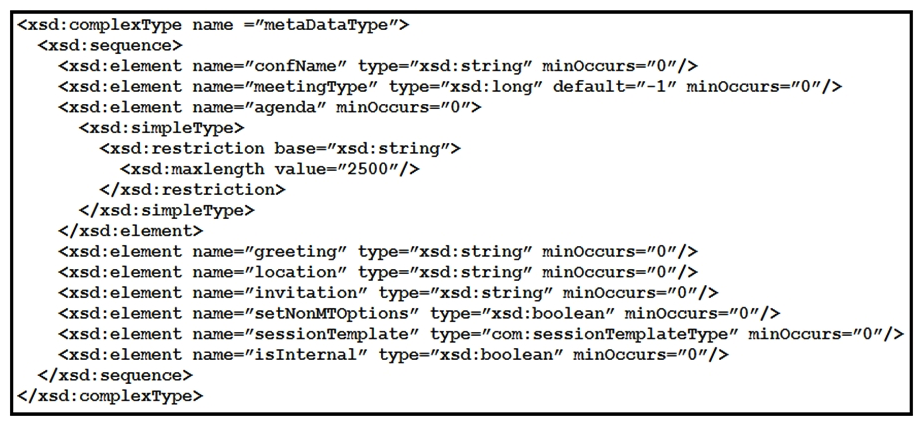   Refer to the exhibit. Based on this Webex Meetings XML API schema snippet, which XML object is a valid <metaData> element? A)    B)    C)    D)   