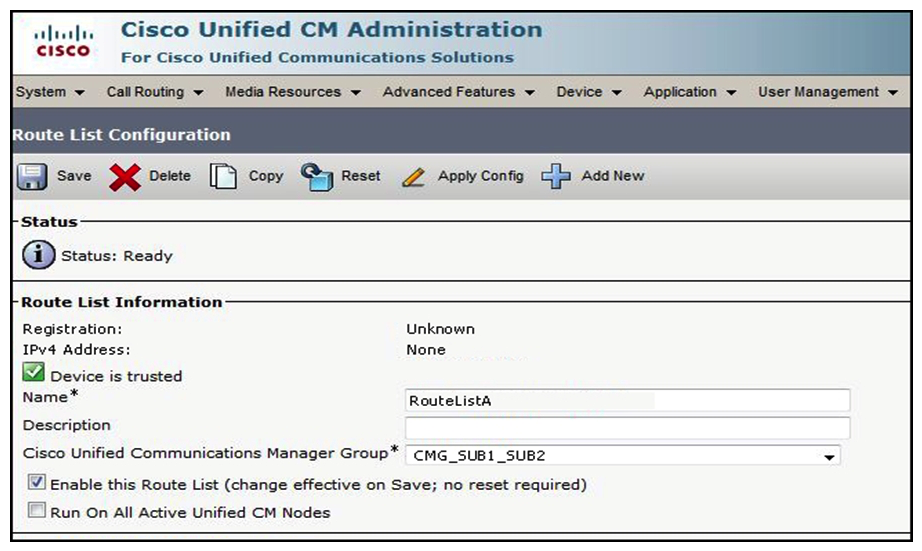 Refer to the exhibit.   While configuring dial plan on a system, an engineer notices the route list in the pictured state. What will cause this? A)  One subscriber server in CUCM Group is down. B)  Media Resource on the CUCM are oversubscribed. C)   Run on all active unified CM nodes  is not checked on the route list. D)   No route group  is added in this Route List.